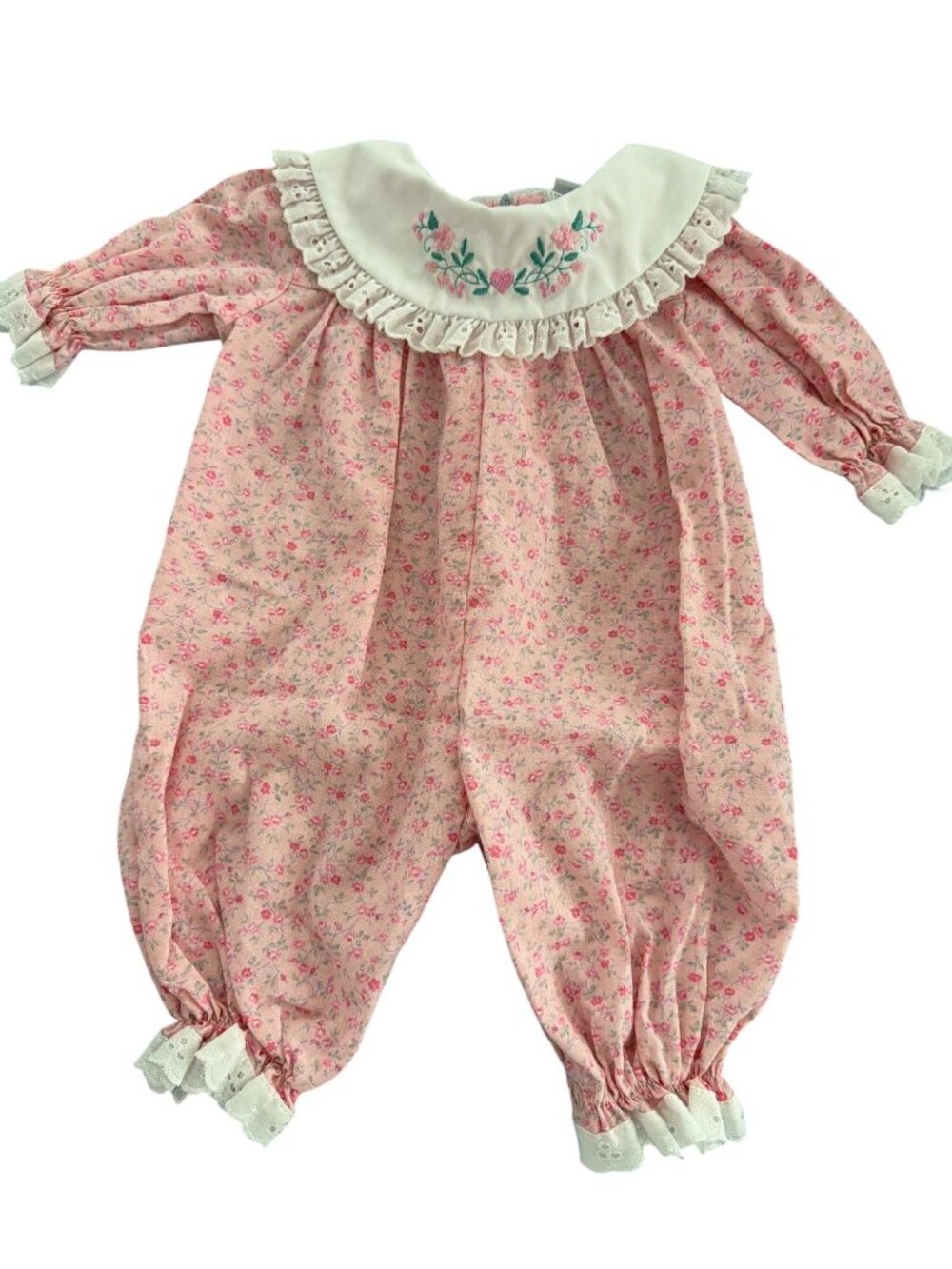Vintage Bryan Layette Baby Romper Pink Floral Embroidered Collar Lace Trim USA
